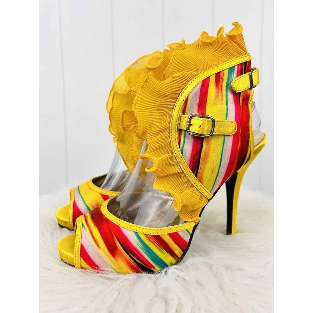 Glamorous Wild Rose Platform Stiletto Heels Ruffled Ankle Strap Size 9